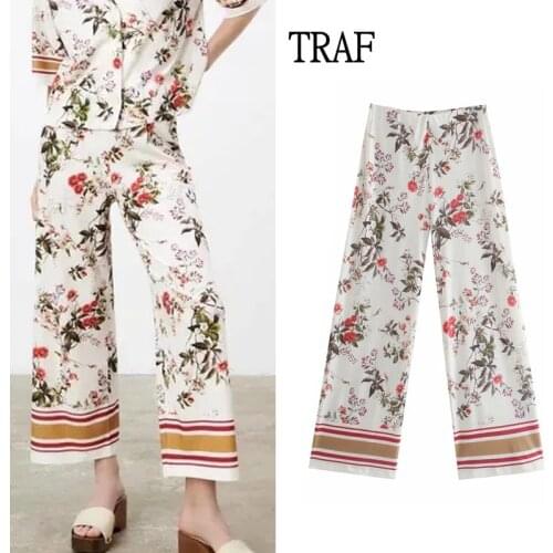 TRAF Za Womens Pants 2021 Summer Vintage Print Wide Leg Pants Woman Clothes High Waist Trousers Loose Straight Female Pant