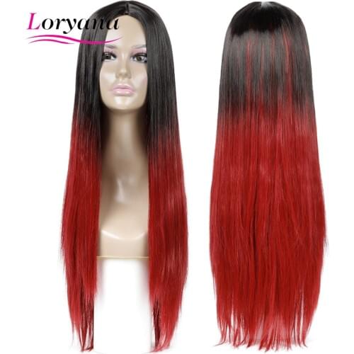 Loryana Synthetic Hair Long Straight Wigs 26 inches Black gradient wine red Wig Heat Resistant Cosplay or Party Wigs for Women