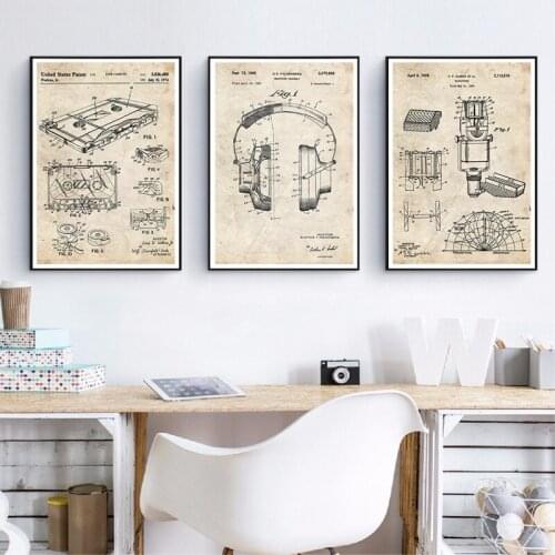 Home Decor Canvas Prints Painting Music Recording Vintage Blueprint Poster Wall Art For Bedside Background Modular Pictures