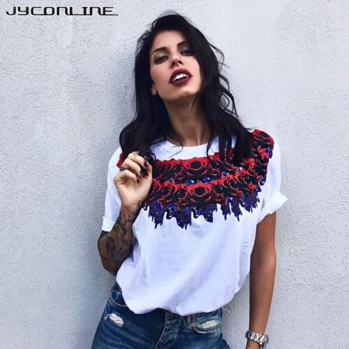 JYConline Rose Print T-shirt Female 2017 Casual Women Tops Ladies Tee Shirts Casual Short Sleeve T-shirts For Women Long Tops