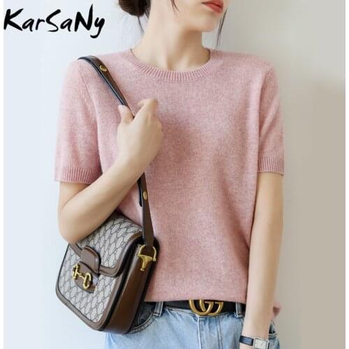 KarSaNy Women Knitted T Shirt 2021 Summer O Neck Short Sleeve T-shirts For Women Tee Shirt Knitted Black Womens T-shirt Vintage