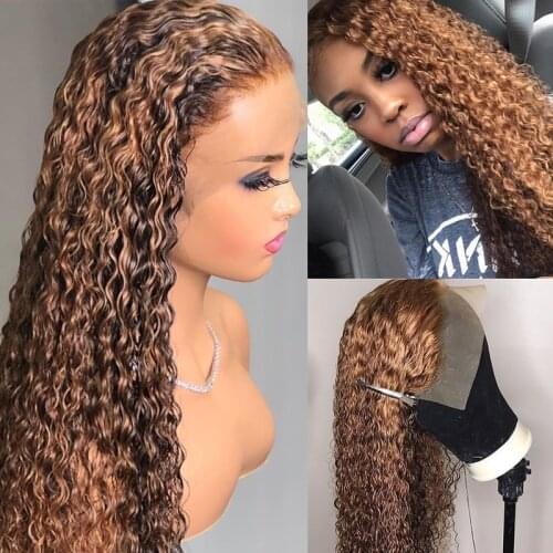Highlight Ombre 180% Density Curly Lace Front Human Hair Wigs Pre-Plucked Remy Lace Wig With Baby Hair For Women Bleached Knots