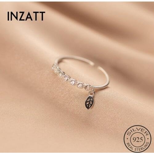 INZATT Real 925 Sterling Silver Zircon Leaves Pendant Adjustable Ring For Fashion Women Fine Jewelry Cute Minimalist Accessories