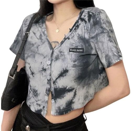 Womens Tie Dye Crop Tops Sexy V Neck Short Sleeve Slim Fit Ribbed Knit T-Shirts Single Breasted Opening