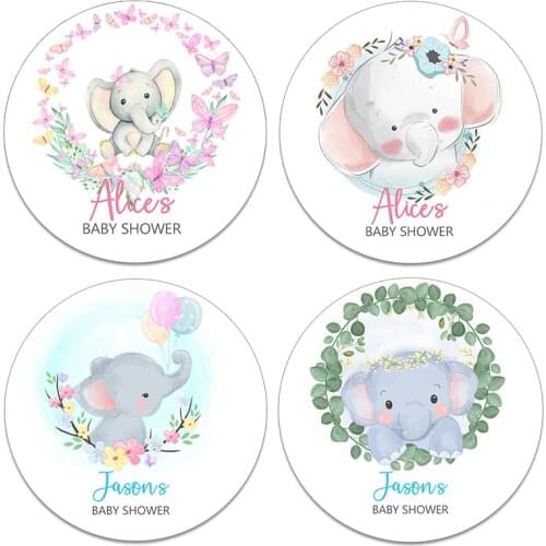 Baby Shower Round Stickers Elephant Personalized Customize Name Date Text Personalized Favor Stickers Baby Shower Stickers