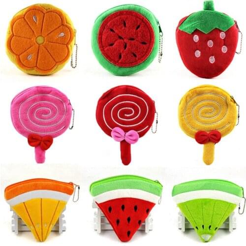 Lovely Cartoon Plush Coin Purse Children Zipper Change Bags Fruit Pattern Zero Wallets Key Earphone Pockets Girls Gift