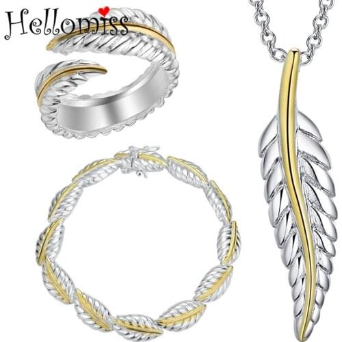 Bridal Jewelry Sets for Women Gold Color Feather Pendant Necklace Bracelet Ring 3 Pcs Costume Jewelry Set Best Gifts for Girls