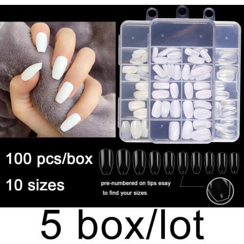 5 Boxes Per Lot 100Pcs/Box Short Ballerina False Nail Tips Full Cover Short Length Coffin 10 Sizes 3 Colors Fake Nails