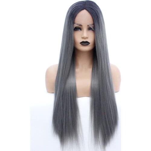 V'nice Glueless Synthetic Lace Front Wig Ombre Grey Middle Parting Heat Resistant Fiber Full Wigs for Black Women Dark Gray