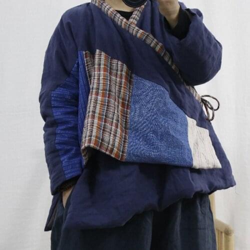 QPFJQD Ladies Chinese Style Fall Belt Warm Coat V-Neck Long Sleeve 2021 Women Autumn Winter Retro Linen Parkas Patchwork Color