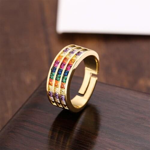 Fashion Womens gold cz ring adjustable rainbow ring Wedding rings Multicolored crystal copper ring jewelry gift for women