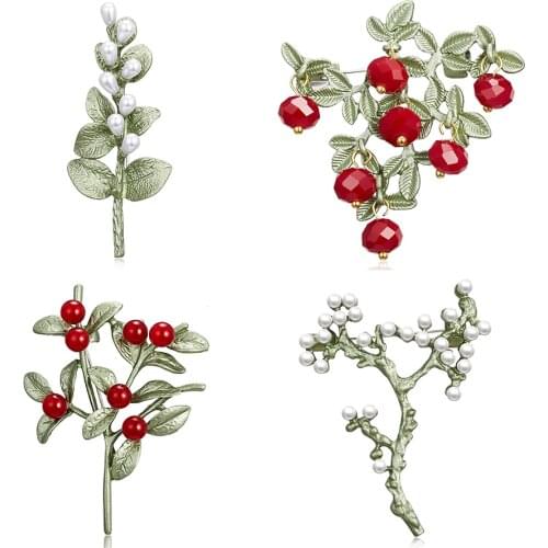 Vintage Enamel Green Color Plant Pearls Pin Tree Lotus Leaf Blueberry Cherry Flower bamboo Brooch Jewelry Gift Collar Lapel Pins