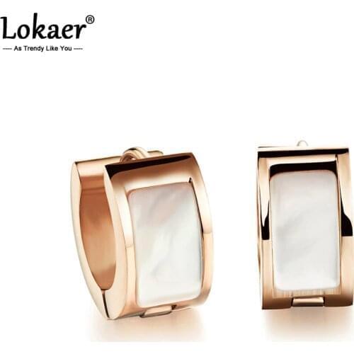 Lokaer Trendy Hoop Earrings Classic Rose Gold Color 316L Stainless Steel With Shell Surface Earrings Women Girls Jewelry E17086