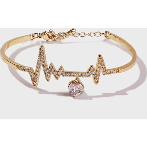 Creative Design Fashion Electrocardiogram Heart Bangles For Women High Quality Gold Color Copper Metal Cubic Zirconia Bracelets