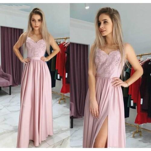 2020 New Cheap Split Pink Prom Dress A Line Lace Appliques Long Formal Wear Graduation Evening Party Gown Plus Size Prom Custom