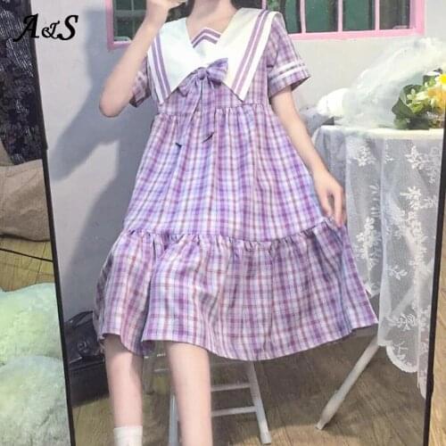 Anbenser Japanese Style Plaid Lolita Dress Womens Harajuku Kawaii Bow Dresses Female Vintage Sweet Purple Students Uniform Dress