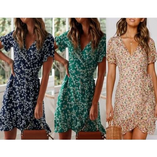 Dresses Woman 2021 Summer Vestidos платье Robe Femme V-Neck Flower Print Ruffles Sleeve Plus SIze S-5XL 6 Colors Short Sleeve