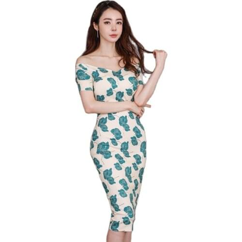 Off shoulder tight Dress one piece korean ladies Sexy Green Print Sleeveless Sexy Night club Sheath party Dresses for women