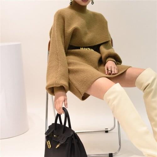 2020 Winter Knitted Suit Fashion Turtleneck Lantern Sleeve Short Sweater + Slim Sleeveless Dress Two-piece Set