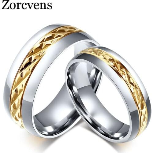 ZORCVENS Gold-color Rhombus Surface Wedding Rings for Women Men Stainless Steel Couple Jewelry Promise Band Alliance Bijoux