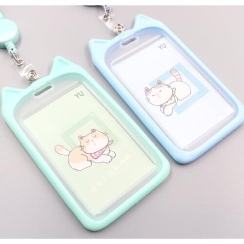 1PC Cute Cartoon Cat Bank Identity Bus ID Card Holder Wallet Case Credit Cover Case Card Holder with Retractable Reel Lanyard