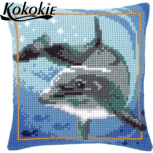 Handicraft embroidery yarn needlework kits throw pillow case Cartoon dolphin cushion cross stitch set sales pillowcase crafts