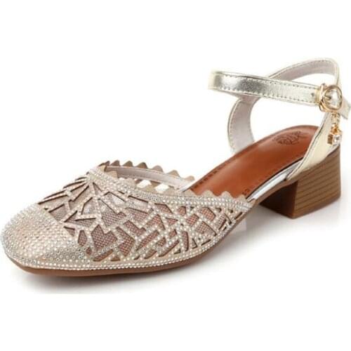 Hot 2020 New Summer Cowhide Microfiber Rhinestone Mesh Sandals Soft Non-slip High Heel Sandals Women Fashion Sandals Large Size