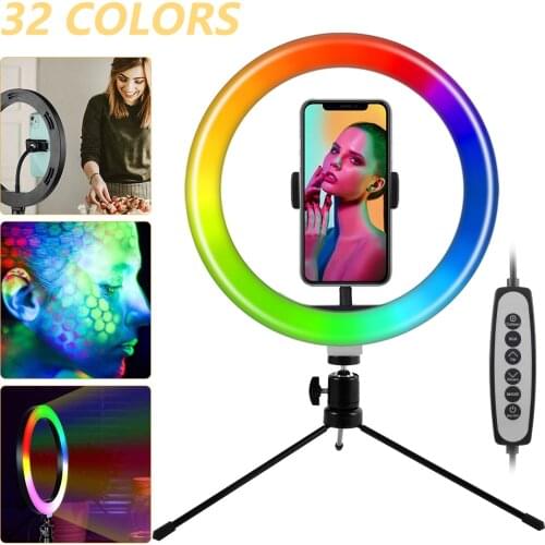 Willkey 10" Dimmable RGB LED Selfie Ring Light with Tripods Stand Phone Holder Desk USB Light RingLamp For Makeup Youtube Vlog