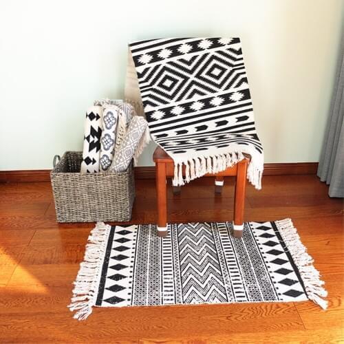 RAYUAN Morocco Style Blending Carpets Black and White Geometric Line Mat Fringed Tapestry Carpet Doormat Rug 60x90CM 60x130CM