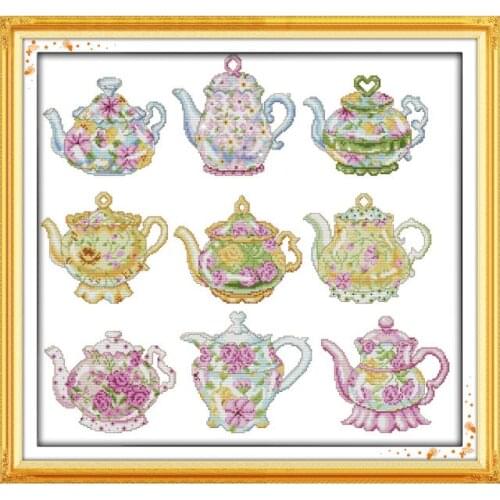 The teapot series cross stitch kit 14ct 11ct flowers patterns count print stitch embroidery DIY handmade needlework Dreamfounder