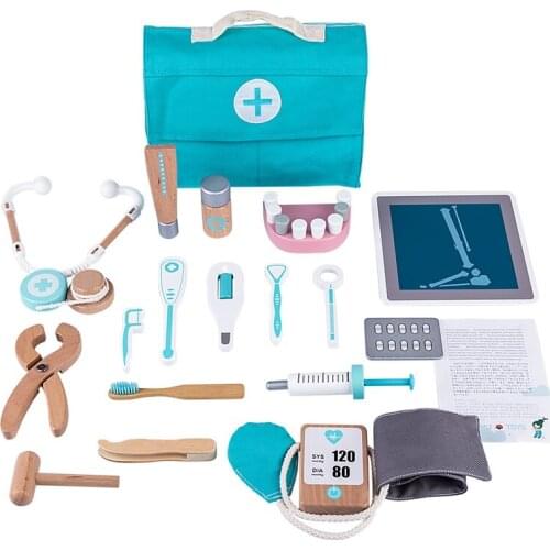 18Pcs Children Wooden Pretend Dentist Toolbox Simulation Tool Educational Toy Playset with Stethoscope for Kids