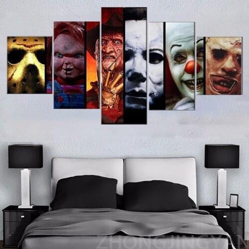 Horror Wall Art 5 Piece Classic Horror Villains Canvas Painting Poster framed posters for men Horror Decor Gift Idea Artwork