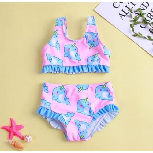 New Girls Two Pieces Suits Swimming Children Ruffle Swimwear Kids Cartoon Bathing Suit Beachwear Baby Girl Swimsuits 1-4 Years