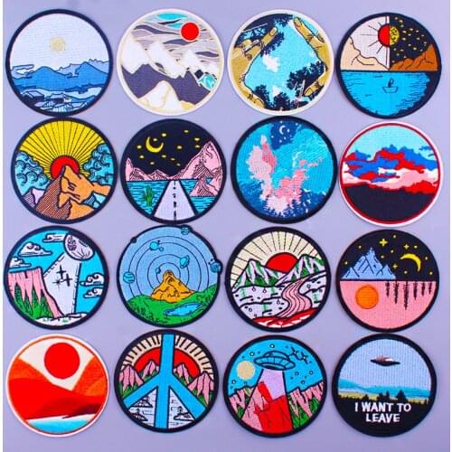 Round Mountain Patch Embroidered Patches For Clothing Sun Sea Wave Iron On Patches For Clothes Van Gogh Iron Stickers On Clothes