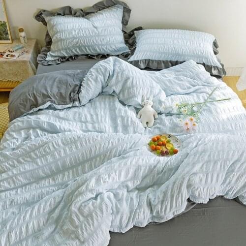 Girl Heart Bedding Set Seersucker Washed Cotton Four-piece Set Simple Pure Color Lace 2m Duvet Cover Sheet Bedding