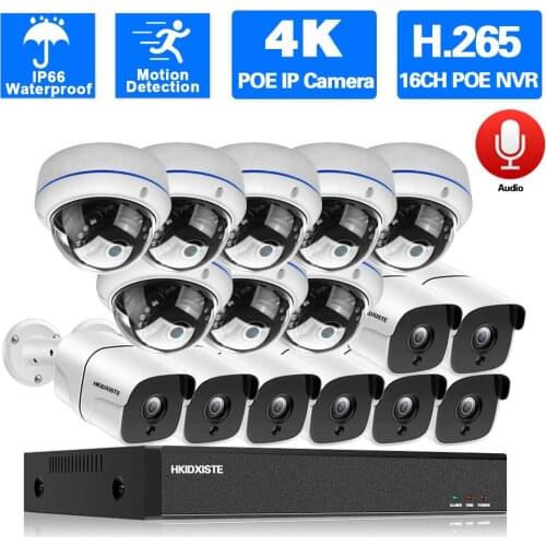 CCTV Security Surveillance Camera System 4K 16CH POE NVR Kit Outdoor Waterproof Audio POE IP Dome Camera System Set 8MP XMEYE