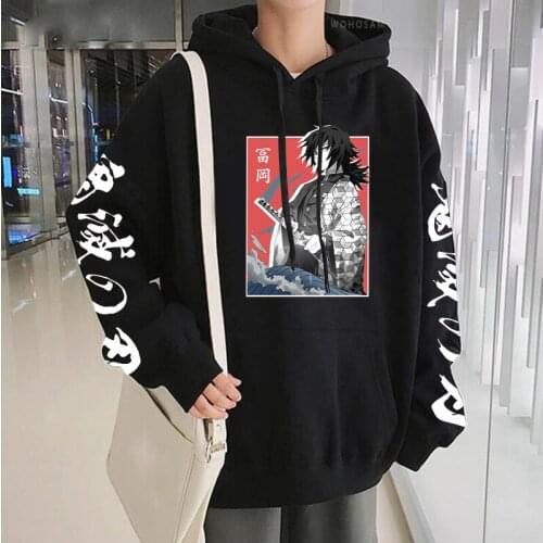 Japanese Anime Demon Slayer Tomioka Giyuu Print Hoodies Male Harajuku Funny Manga Kawaii Boys Winter Warm Patchwork Sweatshirts