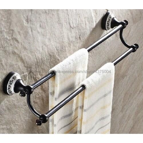Towel Bars 60cm Double Rails Black Oil Rubbed Brass Wall Shelves Towel Holder Bath Shelf Hanger Bathroom Accessories Nba060