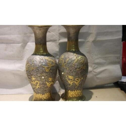 Vintage Handmade engraved Silver Gold Gilt Dragon colored goblet Pot Vase Pair