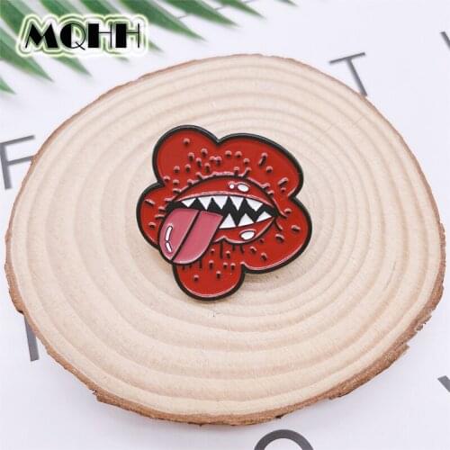 Creative Fun Red Flowers Mouth Tongue Enamel Brooch Plants Custom Pins Alloy Badges Clothes Bags Accessories Women Jewelry Gifts