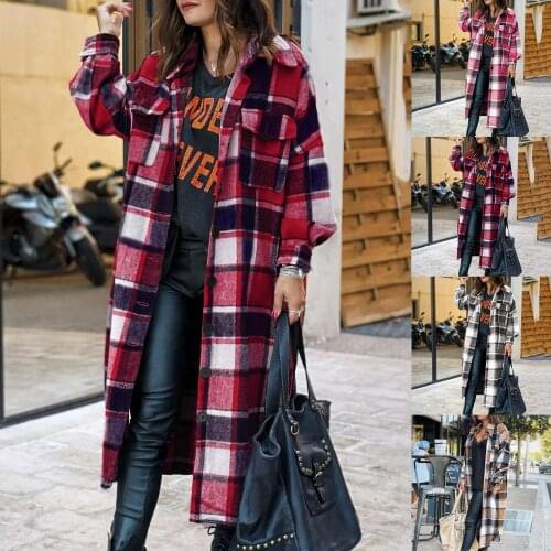 Women Autumn New Stylish Turn Down Collar Long Sleeve Plaid Maxi Shirt Coat Jacket Overcoat Cardigan