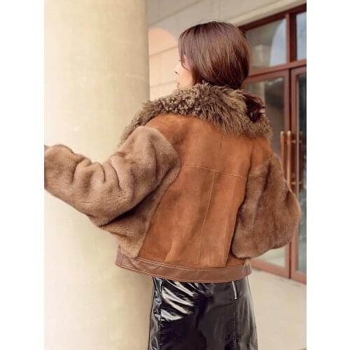 Women Coat Winter Double Faced Fur Coat Female Luxury Natural Wool Fur Coat Women Mink Fur Sleeve Real Leather Jacket MY