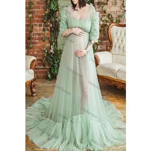 Ladies' romantic tulle temperament is thin and fresh French pleated sleeve long robe dress maternity dress