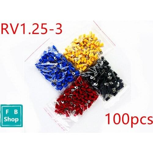 100pcs RV1.25-3 Cold pressed terminal O type circular pre insulated terminal wire nose cable size 0.5-1.5mm(A.W.G22-16)