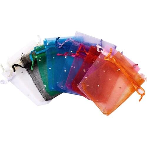 100Pcs Drawstring Organza Bags Jewelry Packaging Display Gift Pouches Wedding Party Candy Bag with Sequins & Ribbons 9x7cm
