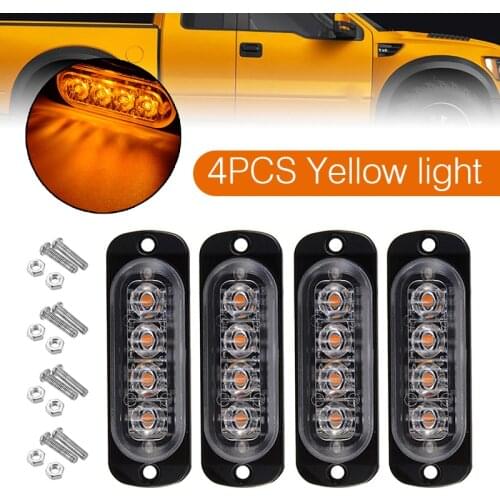 4Pcs 4 LED 12W Waterproof IP67 Amber Emergency Beacon Warning Light Hazard Flash Strobe Bar Lamps for Car Truck