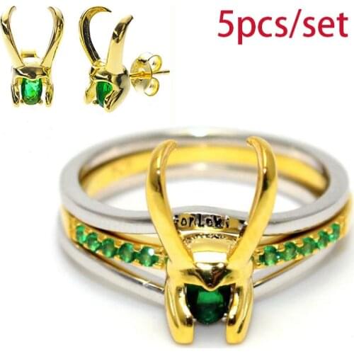 5pcs/set Insect Man Women Ring loki Hero Helmet Shape Gilded Earring Valentine Day Couple Matching Ring Charming Jewelry Set