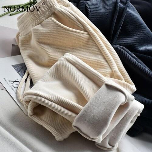 NORMOV Corduroy Winter Trousers Drawstring High Waist with Pockets Pants Casual Elasticity Loose Straight Womens Pants