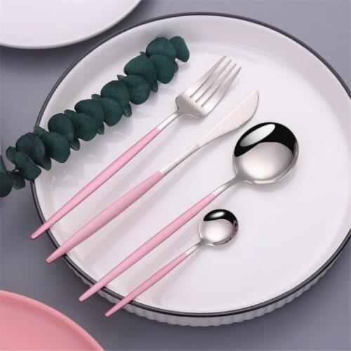 Pink Silver 18/10 Stainless Steel Cutlery Set Fork Spoon Knife Silverware Tableware Dinnerware Flatware Set Dishwasher Safe