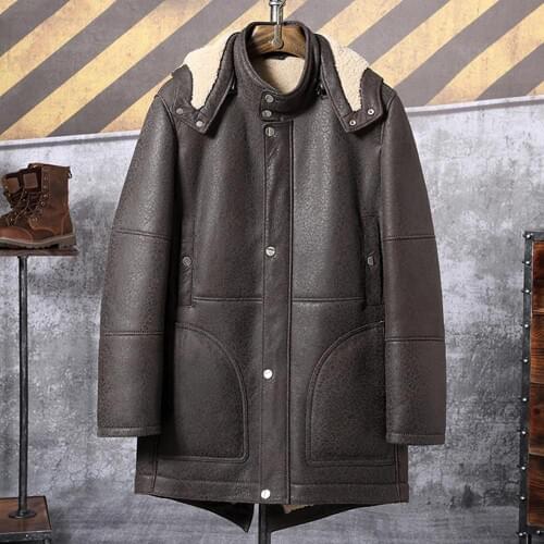 Shearling Coat Mens Brown B3 Bomber Jacket Hooded Leather Jacket 2019 New Winter Coats Long Fur Jacket Trench Coat